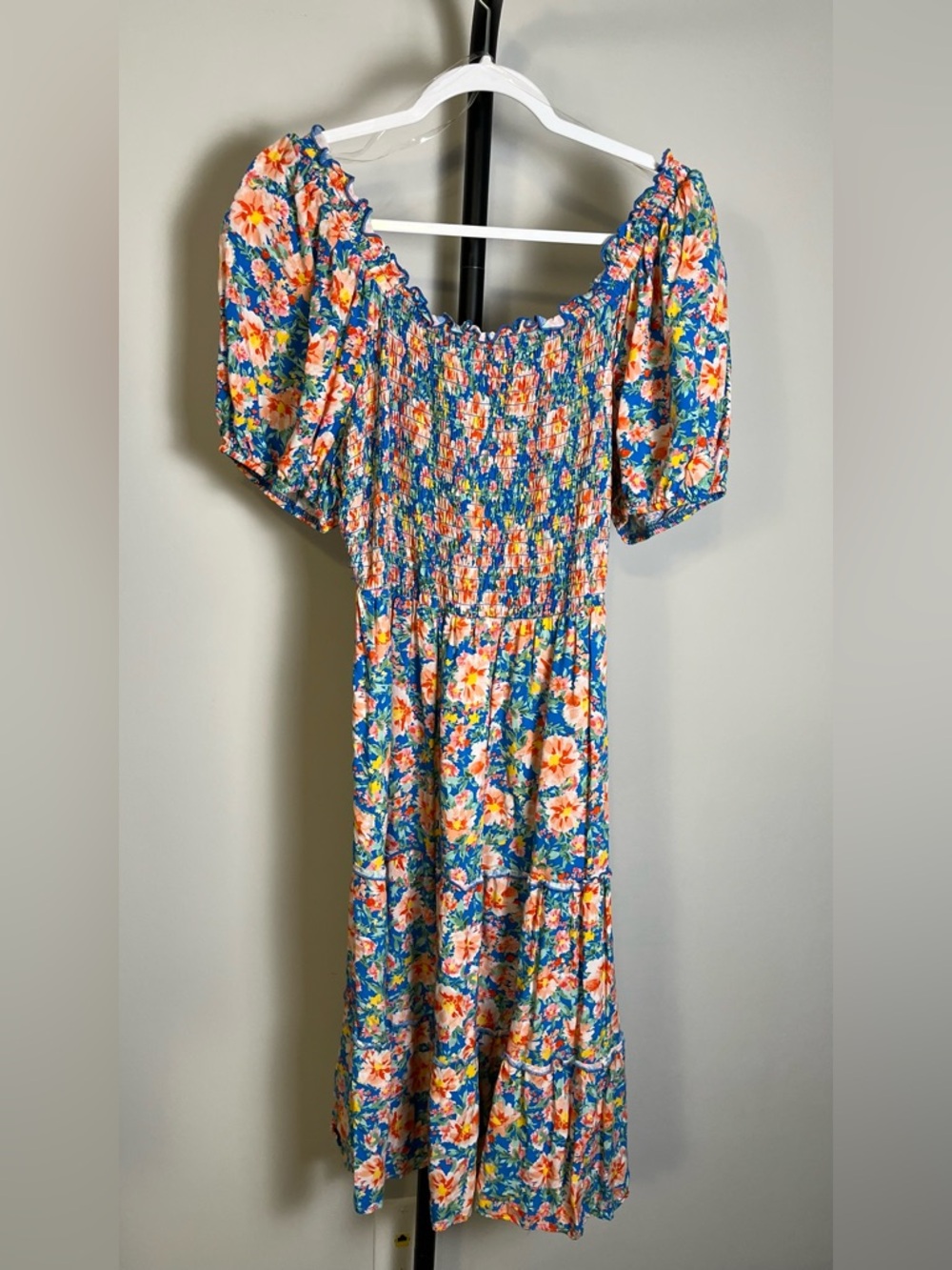 As U Wish Blue Floral Midi Dress with Orange & White Flowers